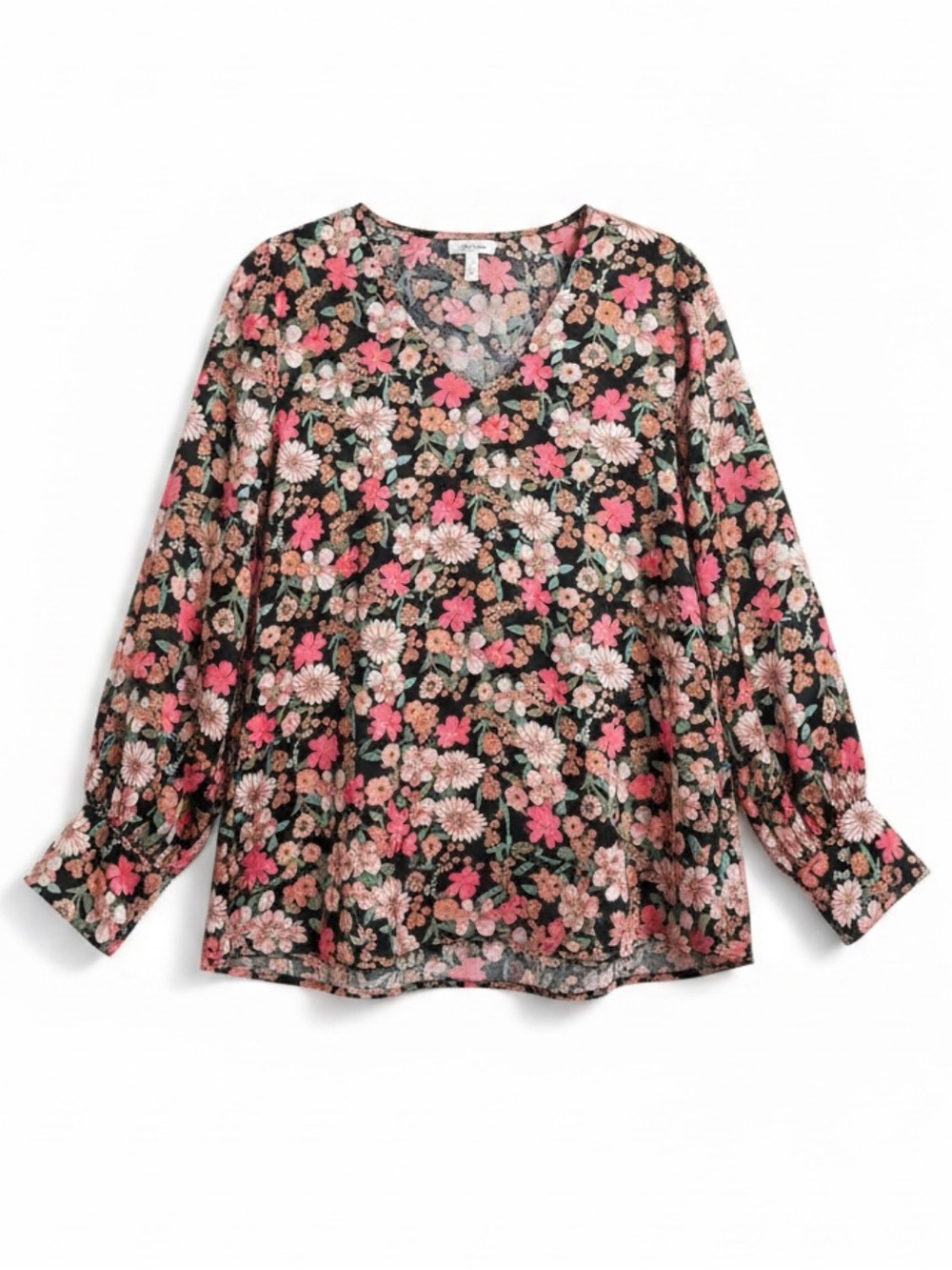 Jodifl Black Floral Chiffon V-Neck Long Sleeve Tunic Top Size Large - Picture 1 of 8